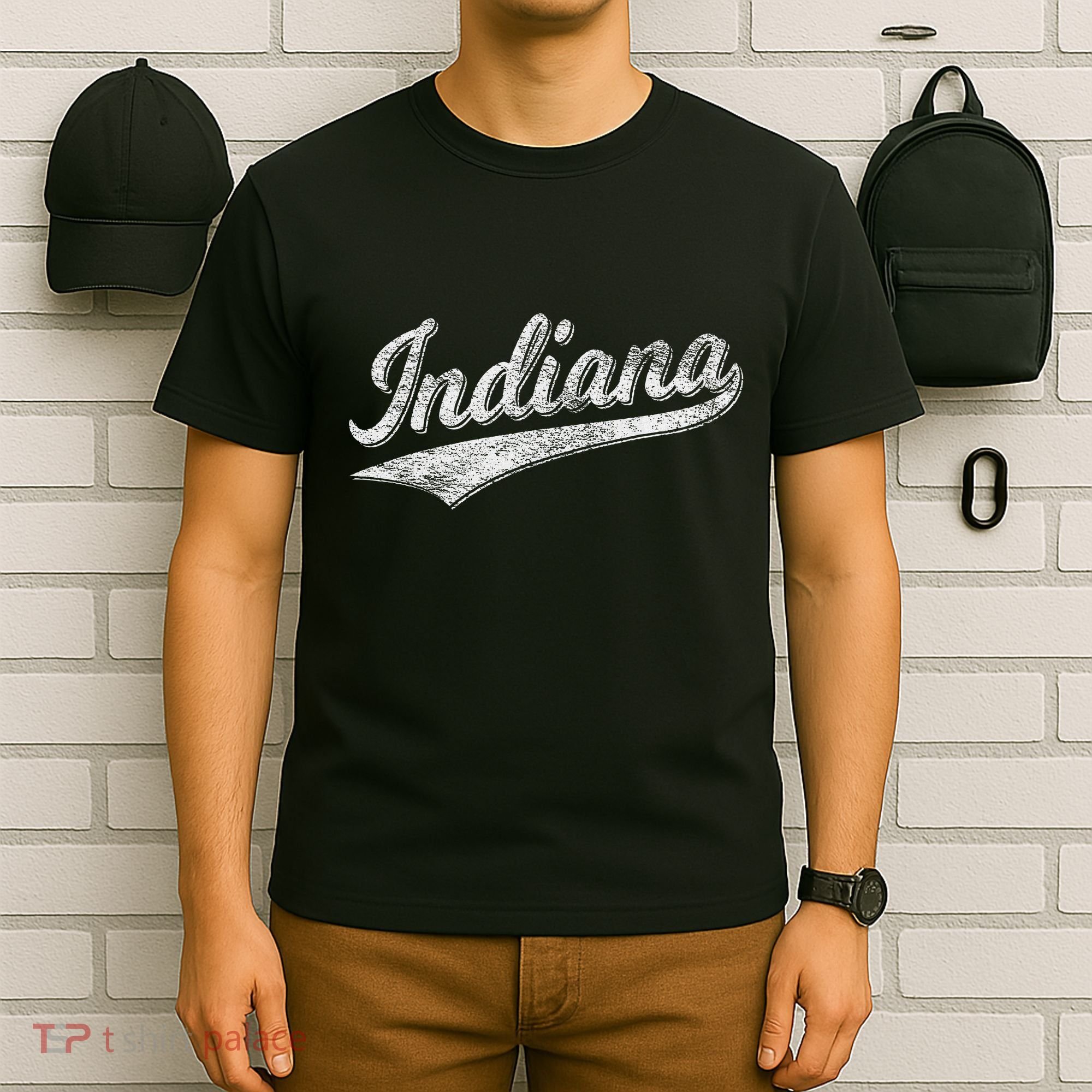 Indiana Retro Vintage Baseball Sports Script Flag Swoosh T-Shirt