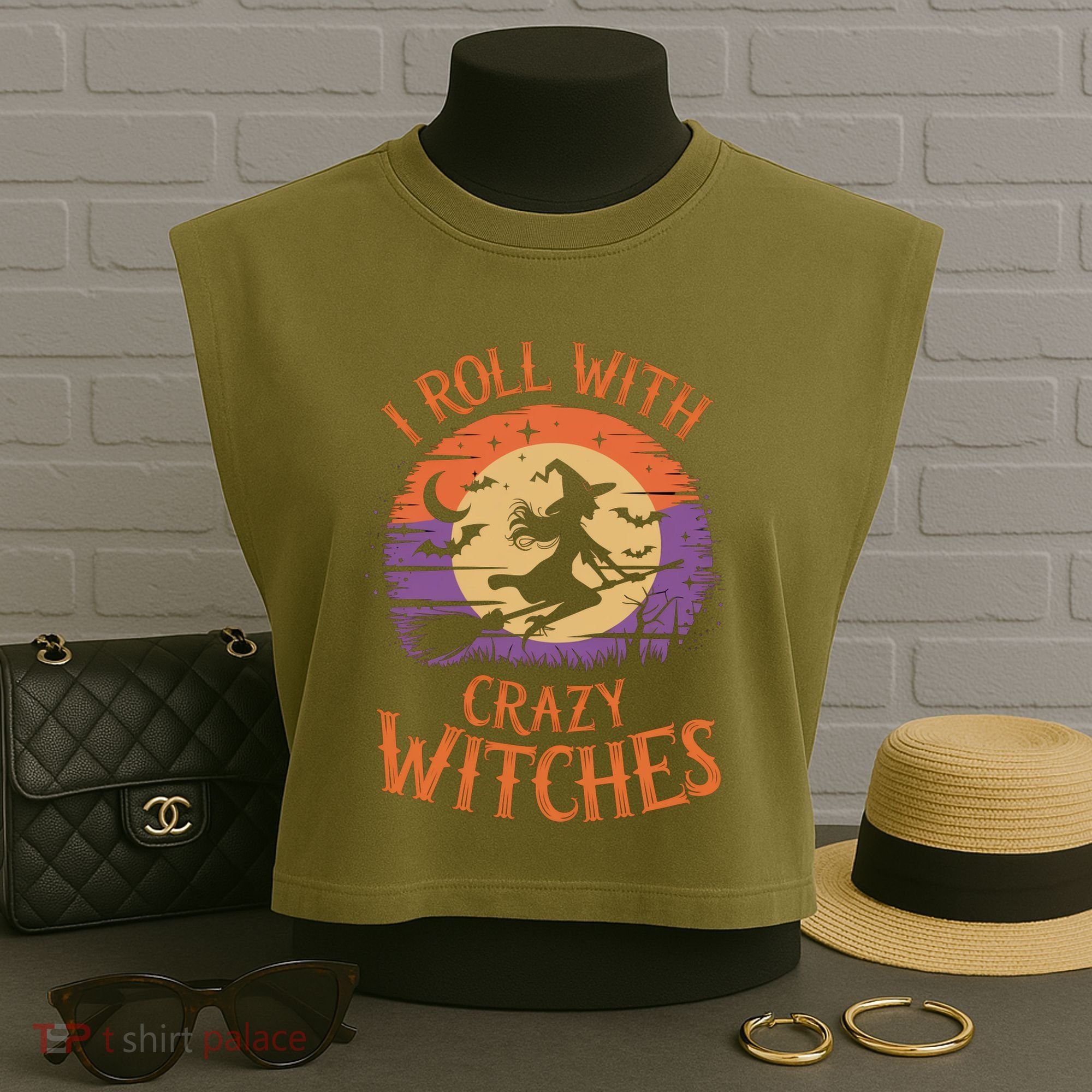 I Roll With Crazy Witches Scary Halloween Witch Costume Crazy Witch Witchy Vibes Garment-Dyed Women's Muscle Tee