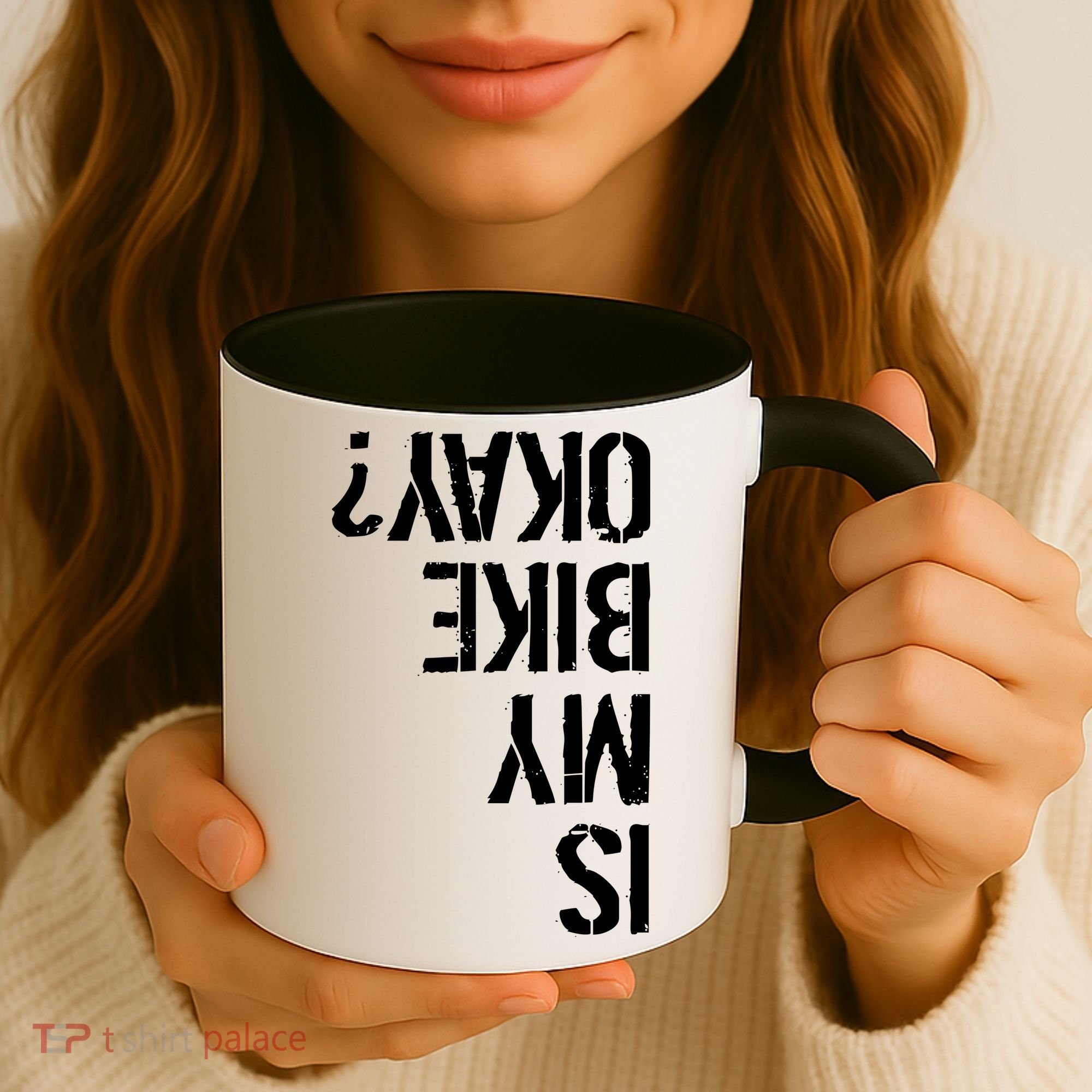 Is My Bike Okay? Upside Down Motorcycle Logo Coffee Mug