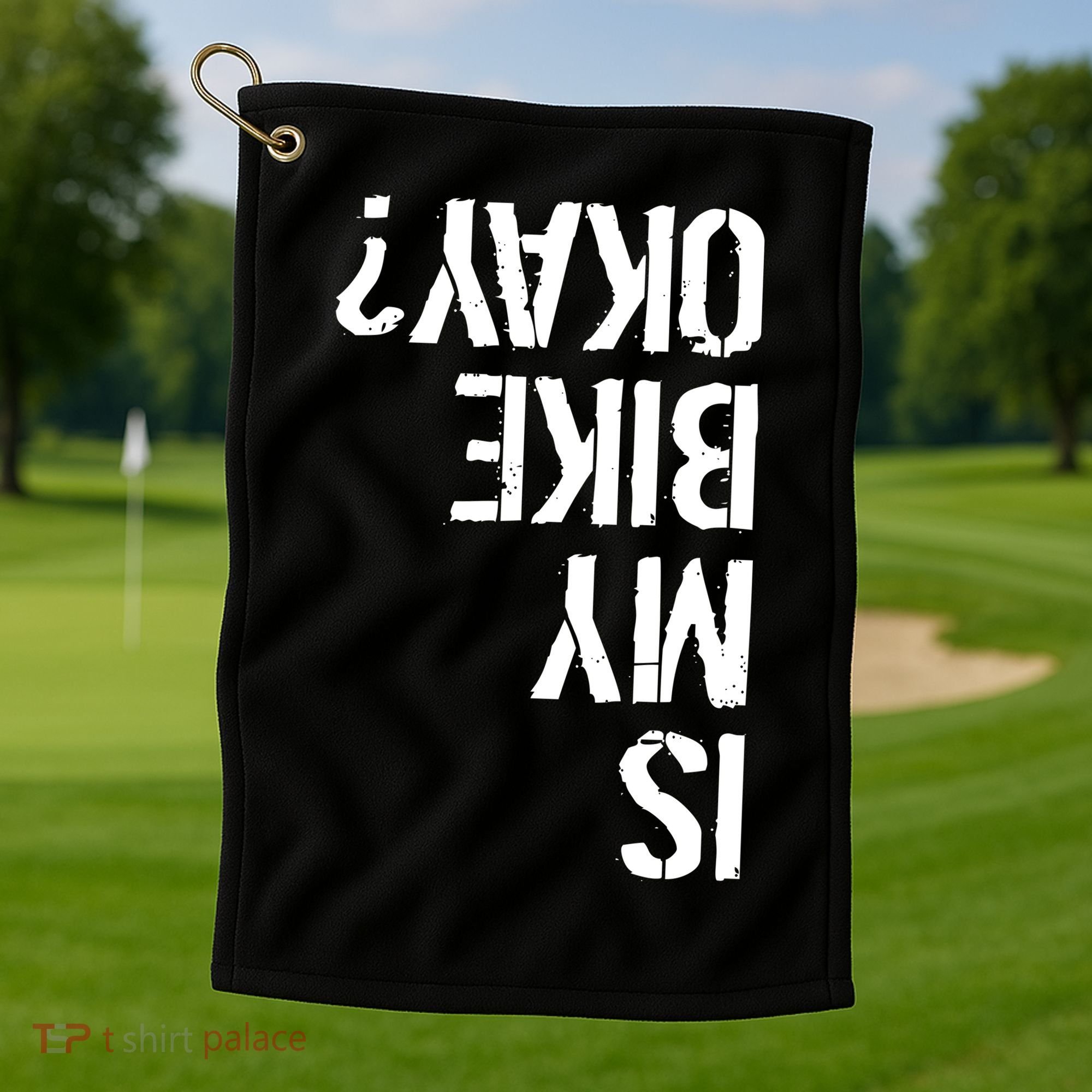 Is My Bike Okay? Upside Down Motorcycle Logo Golf Towel