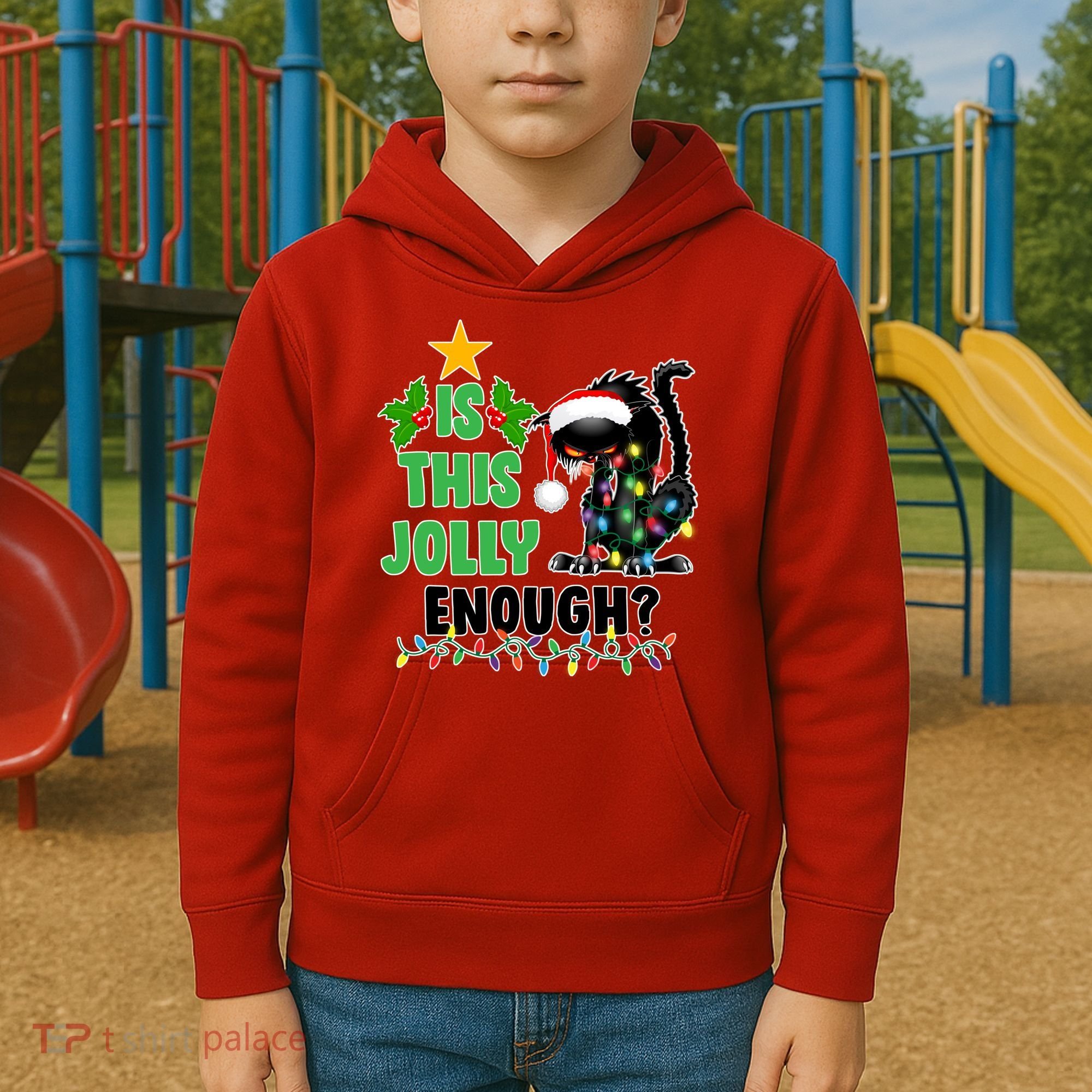 Is This Jolly Enough Funny Christmas Cat Kids Hoodie
