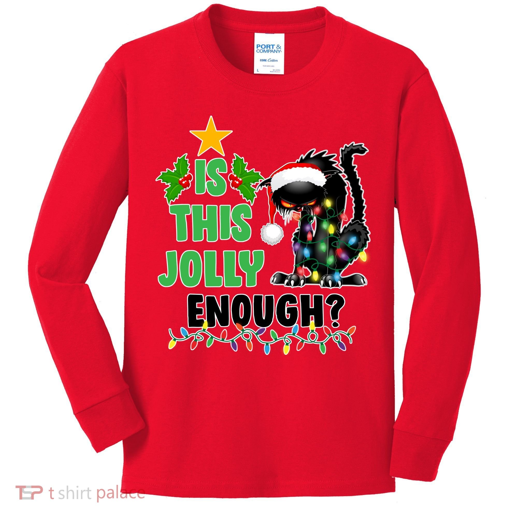 Is This Jolly Enough Funny Christmas Cat Kids Long Sleeve Shirt