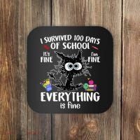 I Survived 100 Days Of School Everything Is Fine Funny Cat Coaster thumb 0