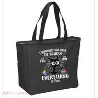 I Survived 100 Days Of School Everything Is Fine Funny Cat Tote Bag thumb 2