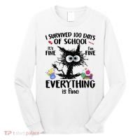 I Survived 100 Days Of School Everything Is Fine Funny Cat Long Sleeve Shirt thumb 0