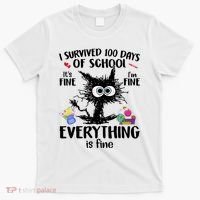 I Survived 100 Days Of School Everything Is Fine Funny Cat T-Shirt thumb 0