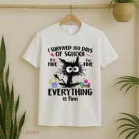 I Survived 100 Days Of School Everything Is Fine Funny Cat T-Shirt thumb 2