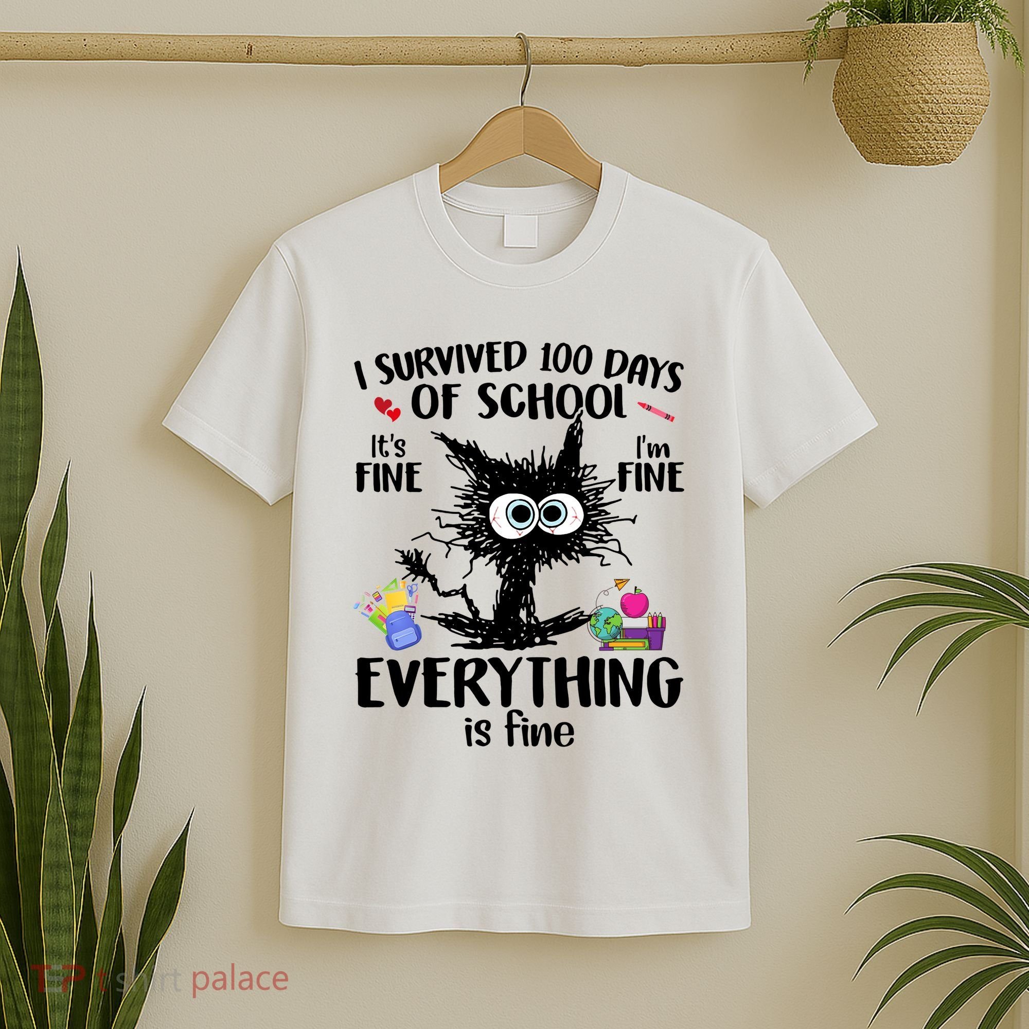 I Survived 100 Days Of School Everything Is Fine Funny Cat T-Shirt