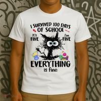 I Survived 100 Days Of School Everything Is Fine Funny Cat T-Shirt thumb 3