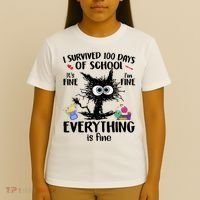 I Survived 100 Days Of School Everything Is Fine Funny Cat T-Shirt thumb 4
