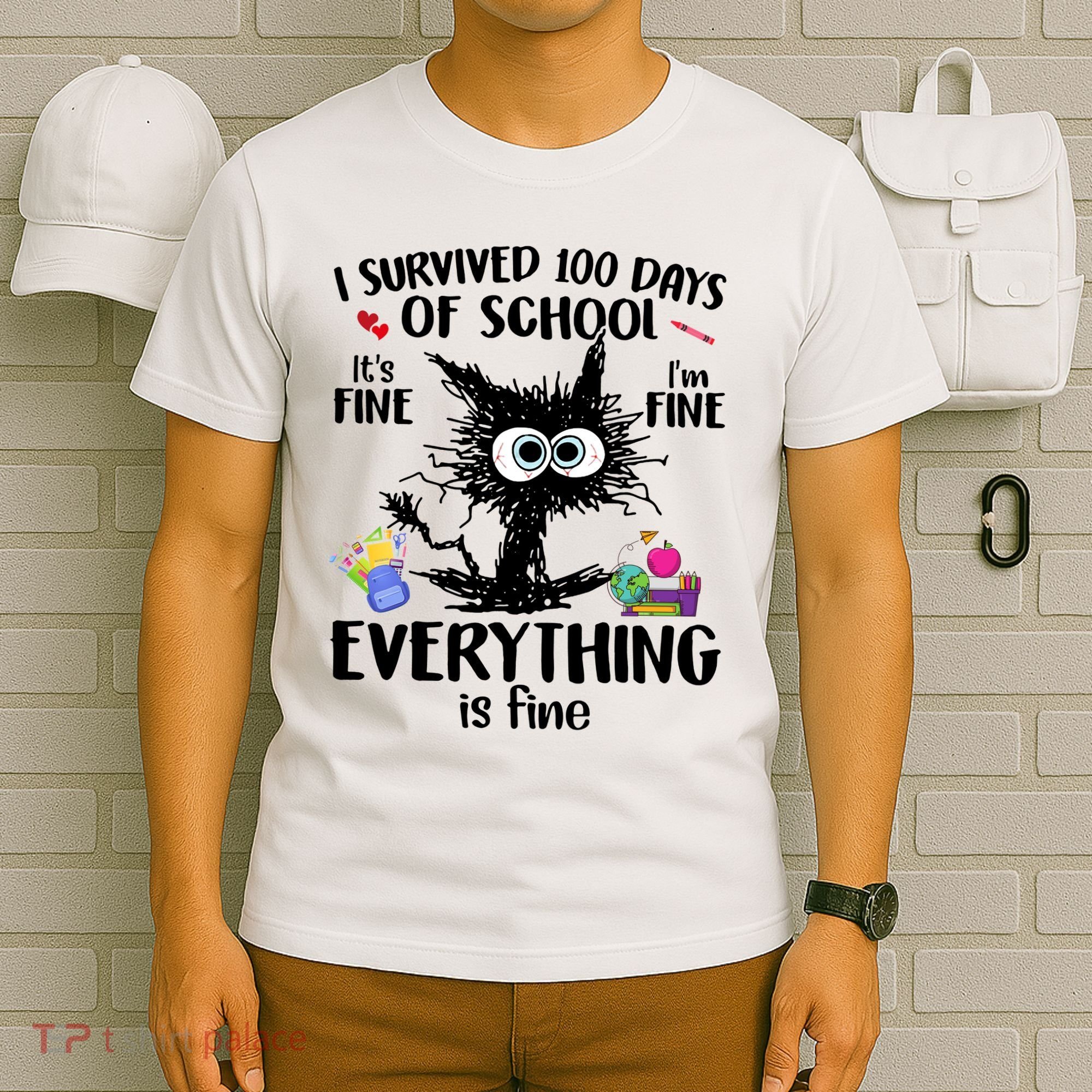 I Survived 100 Days Of School Everything Is Fine Funny Cat T-Shirt