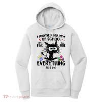 I Survived 100 Days Of School Everything Is Fine Funny Cat Women's Hoodie thumb 0