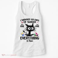 I Survived 100 Days Of School Everything Is Fine Funny Cat Women's Tank Top thumb 0