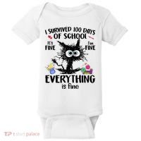I Survived 100 Days Of School Everything Is Fine Funny Cat Baby Bodysuit thumb 0