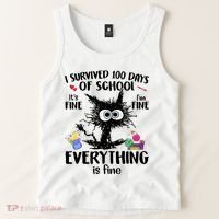 I Survived 100 Days Of School Everything Is Fine Funny Cat Tank Top thumb 2