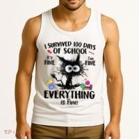 I Survived 100 Days Of School Everything Is Fine Funny Cat Tank Top thumb 3