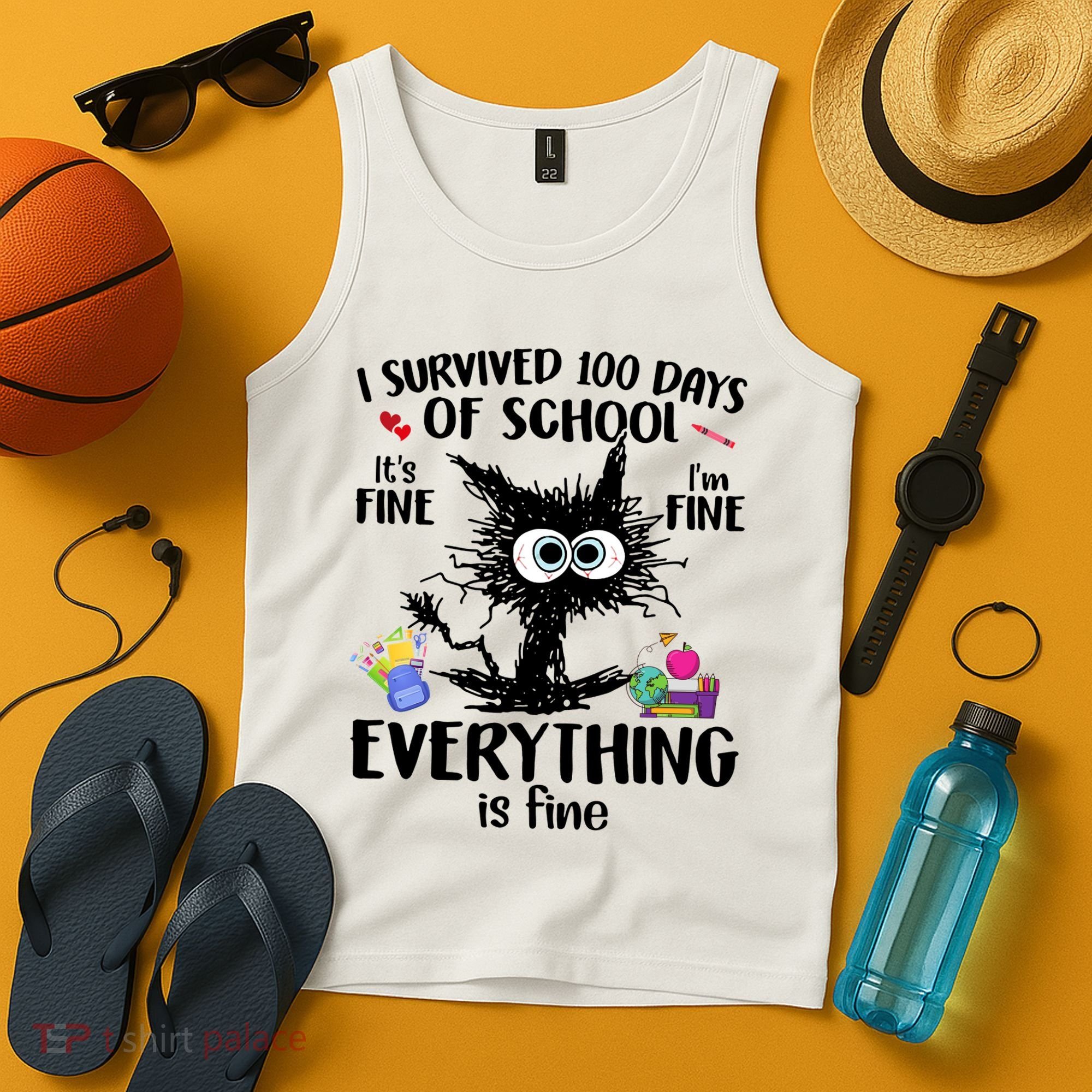 I Survived 100 Days Of School Everything Is Fine Funny Cat Tank Top