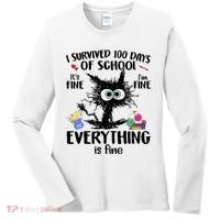 I Survived 100 Days Of School Everything Is Fine Funny Cat Women's Long Sleeve Shirt thumb 0