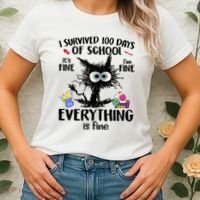 I Survived 100 Days Of School Everything Is Fine Funny Cat Women's T-Shirt thumb 2