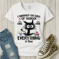 I Survived 100 Days Of School Everything Is Fine Funny Cat Women's T-Shirt thumb 3