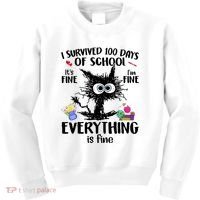 I Survived 100 Days Of School Everything Is Fine Funny Cat Kids Sweatshirt thumb 0