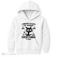 I Survived 100 Days Of School Everything Is Fine Funny Cat Kids Hoodie thumb 0