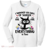I Survived 100 Days Of School Everything Is Fine Funny Cat Kids Long Sleeve Shirt thumb 0