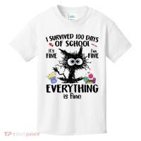 I Survived 100 Days Of School Everything Is Fine Funny Cat Kids T-Shirt thumb 0