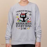 I Survived 100 Days Of Kindergarten Teacher & Student Funny Cat Women's Sweatshirt thumb 0