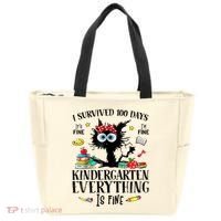 I Survived 100 Days Of Kindergarten Teacher & Student Funny Cat Tote Bag thumb 0
