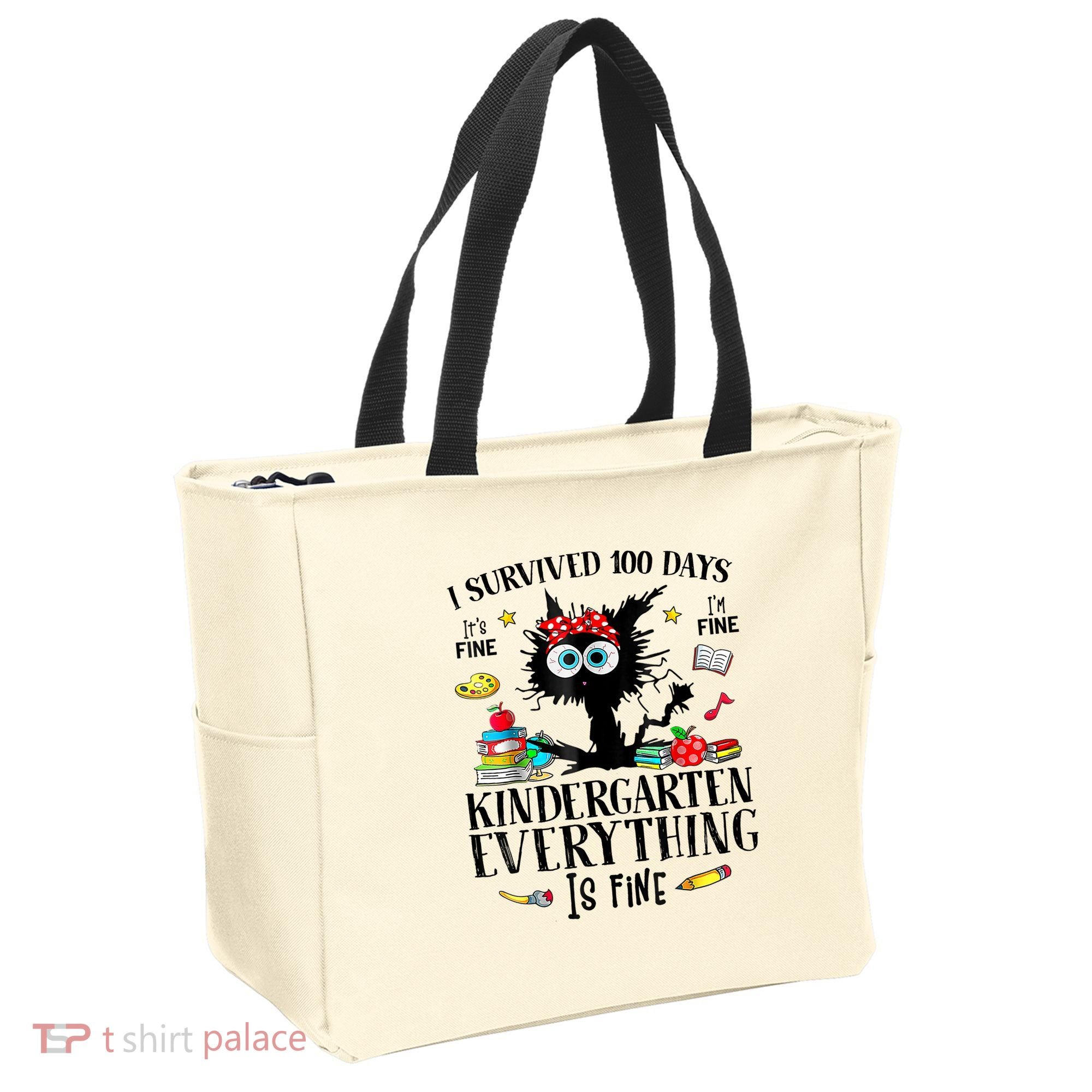 I Survived 100 Days Of Kindergarten Teacher & Student Funny Cat Tote Bag