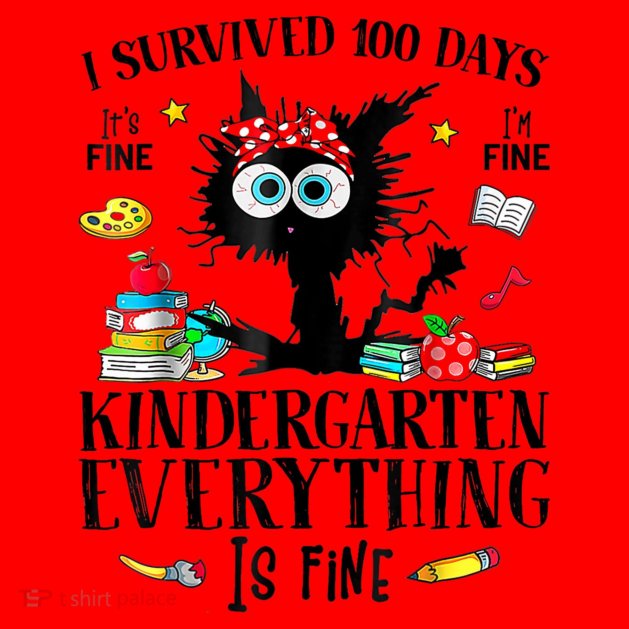 I Survived 100 Days Of Kindergarten Teacher & Student Funny Cat Santa Hat
