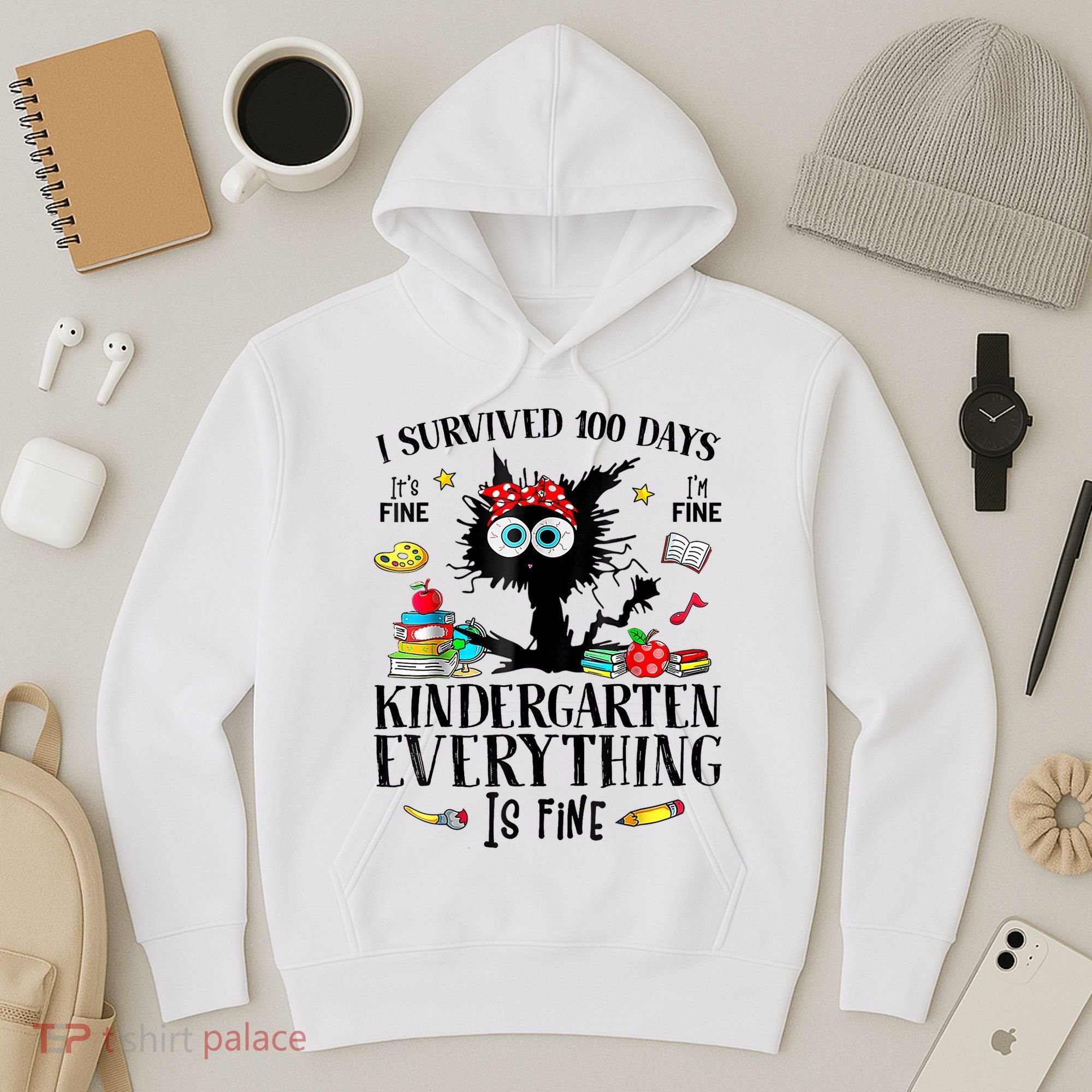 I Survived 100 Days Of Kindergarten Teacher & Student Funny Cat Hoodie