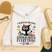 I Survived 100 Days Of Kindergarten Teacher & Student Funny Cat Hoodie thumb 4