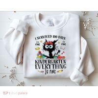 I Survived 100 Days Of Kindergarten Teacher & Student Funny Cat Sweatshirt thumb 2