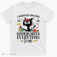 I Survived 100 Days Of Kindergarten Teacher & Student Funny Cat T-Shirt thumb 0