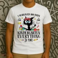 I Survived 100 Days Of Kindergarten Teacher & Student Funny Cat T-Shirt thumb 3