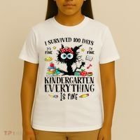 I Survived 100 Days Of Kindergarten Teacher & Student Funny Cat T-Shirt thumb 4