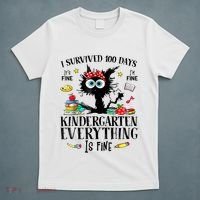 I Survived 100 Days Of Kindergarten Teacher & Student Funny Cat T-Shirt thumb 5