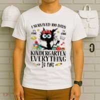 I Survived 100 Days Of Kindergarten Teacher & Student Funny Cat T-Shirt thumb 6