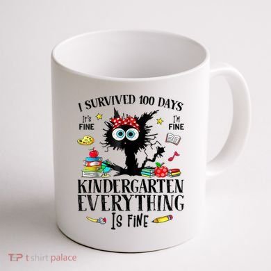 I Survived 100 Days Of Kindergarten Teacher & Student Funny Cat Coffee Mug back