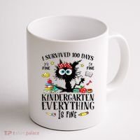 I Survived 100 Days Of Kindergarten Teacher & Student Funny Cat Coffee Mug thumb 1