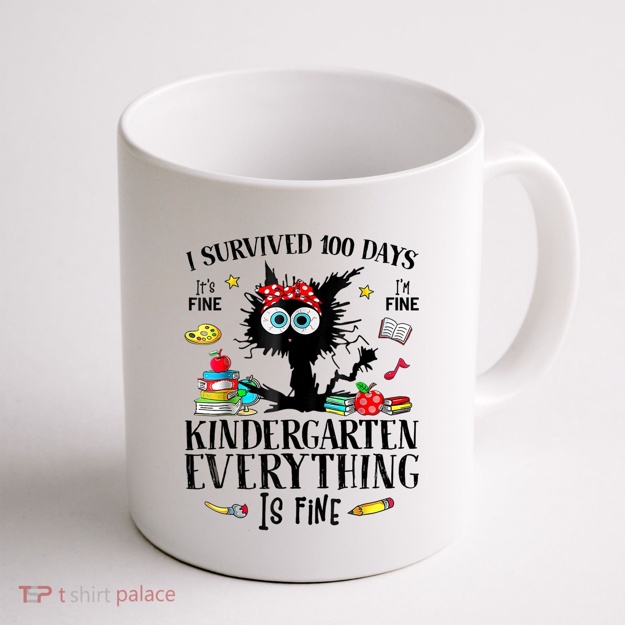 I Survived 100 Days Of Kindergarten Teacher & Student Funny Cat Coffee Mug