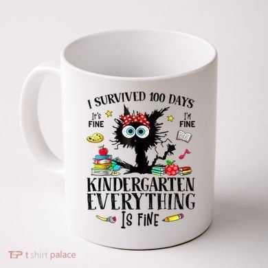 I Survived 100 Days Of Kindergarten Teacher & Student Funny Cat Coffee Mug