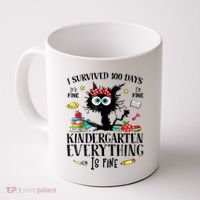 I Survived 100 Days Of Kindergarten Teacher & Student Funny Cat Coffee Mug thumb 0