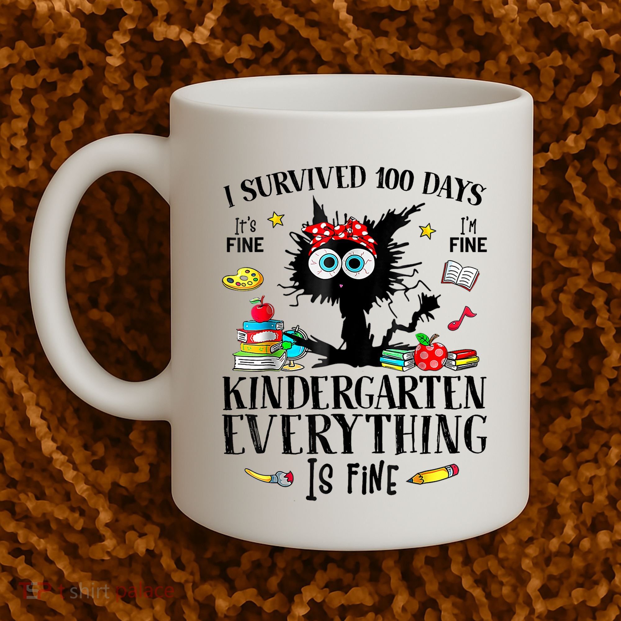 I Survived 100 Days Of Kindergarten Teacher & Student Funny Cat Coffee Mug
