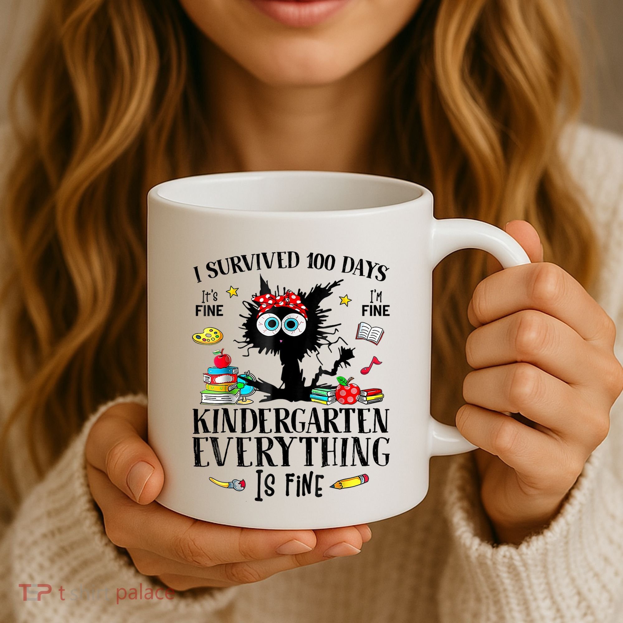 I Survived 100 Days Of Kindergarten Teacher & Student Funny Cat Coffee Mug