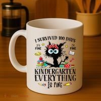 I Survived 100 Days Of Kindergarten Teacher & Student Funny Cat Coffee Mug thumb 4