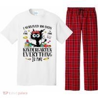 I Survived 100 Days Of Kindergarten Teacher & Student Funny Cat Pajama Set thumb 0