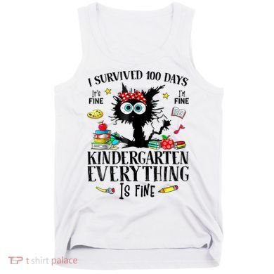 I Survived 100 Days Of Kindergarten Teacher & Student Funny Cat Tank Top